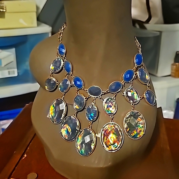 Blue Ocean & Green Turquoise Opalscent  Statement Necklace, Adjustable Length - Picture 4 of 8